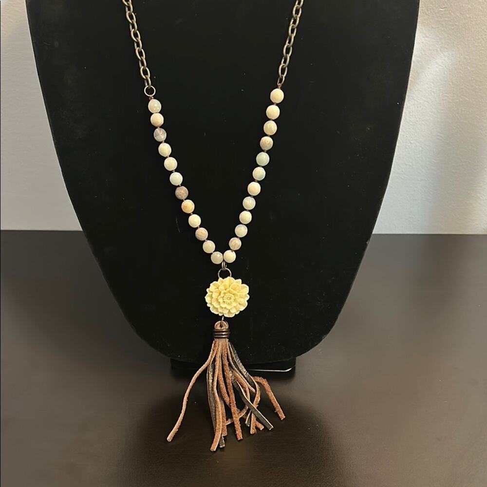 Plunder Long Necklace White Rose Stones Tassel #191 BOHO